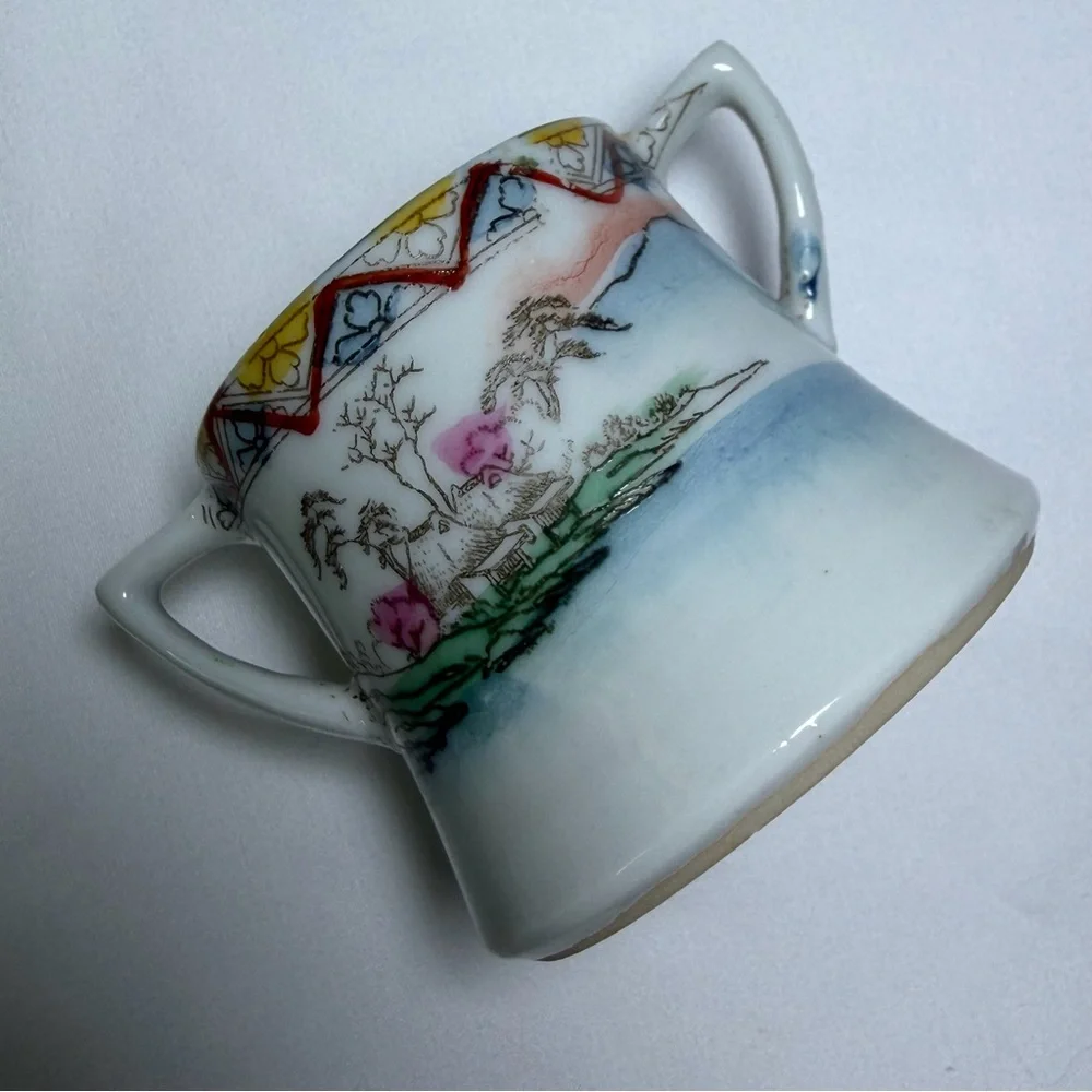 Antique Porcelain Nippon Mini Sugar Bowl Hand-Painted Japanese Scenic Geisha Art